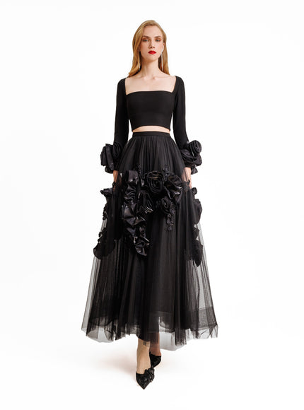 Gemy Maalouf Midi Tulle Dress With Floral Cuffs Black