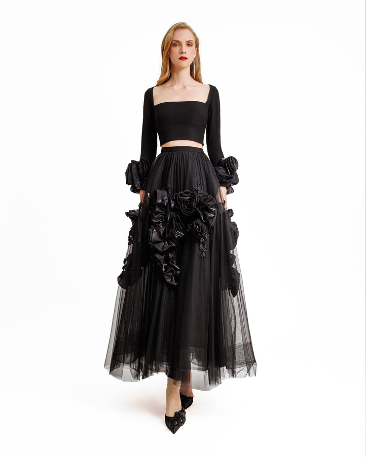 Gemy Maalouf Midi Tulle Dress With Floral Cuffs Black