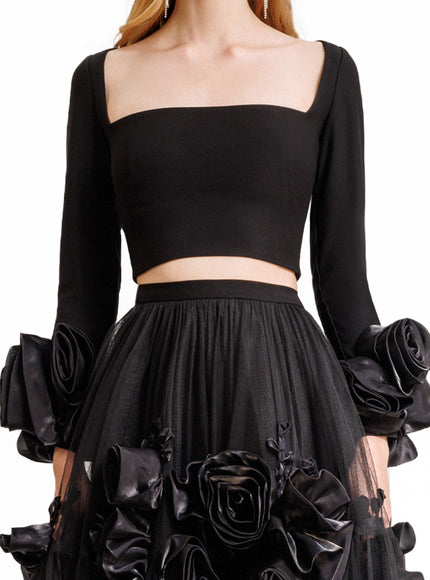 Gemy Maalouf Midi Tulle Dress With Floral Cuffs