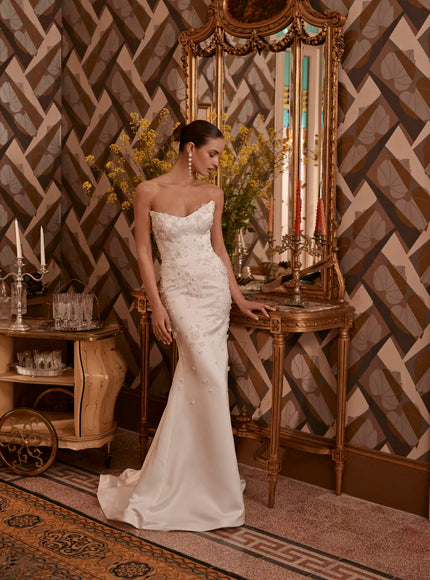 Euphemia Wedding Gown In Ivory Satin