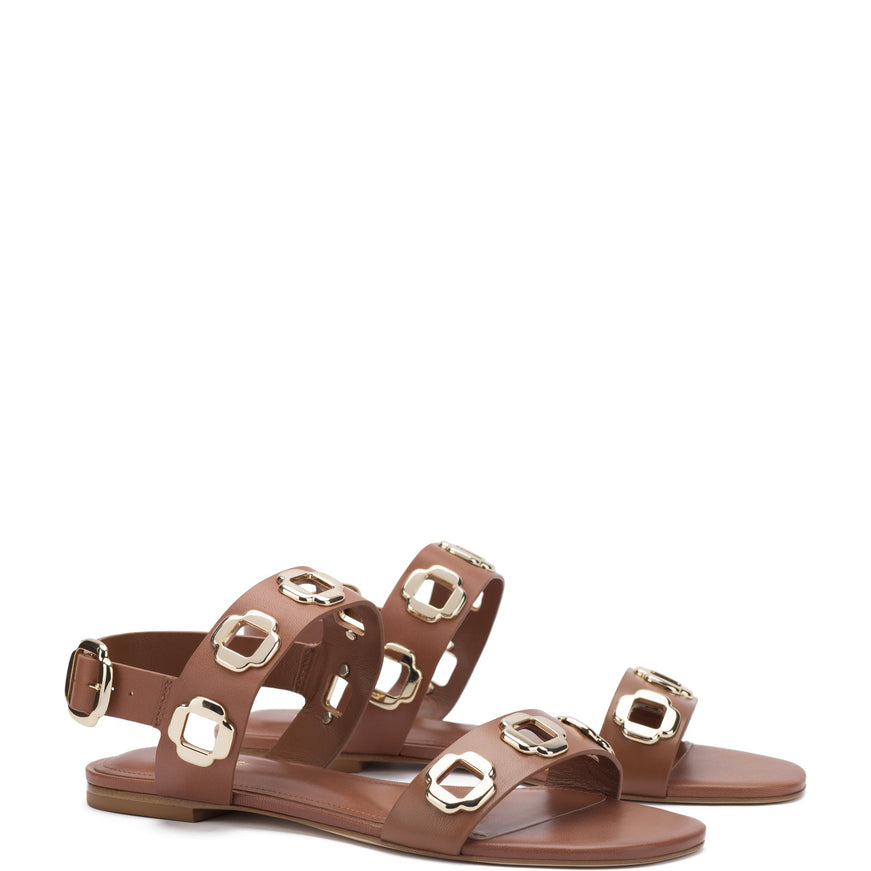 Larroude Milan Flat Sandal In Caramel Leather