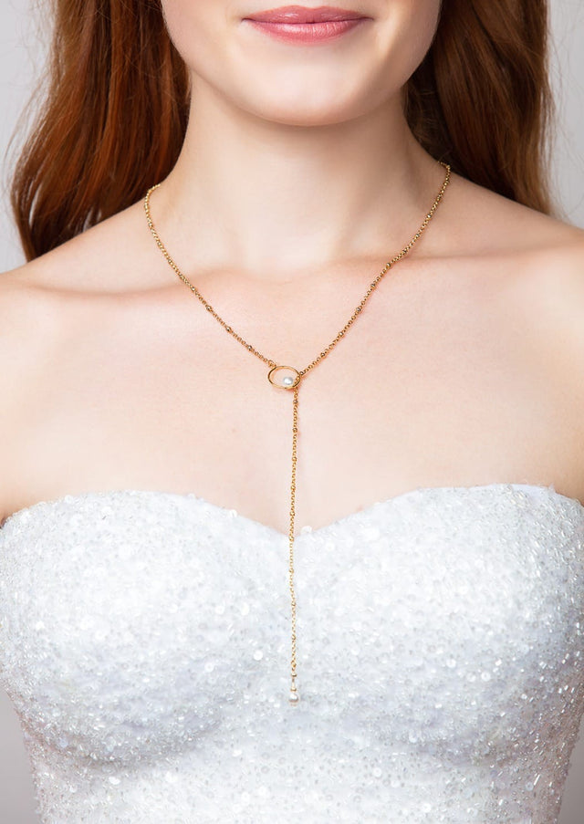 Mila Crystal and Pearl Lariat Necklace