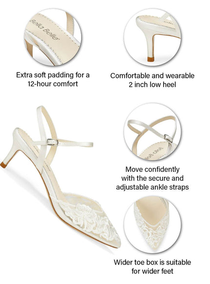 Bella Belle Mina Ivory Floral Lace Pearl Ankle Strap Low Heels