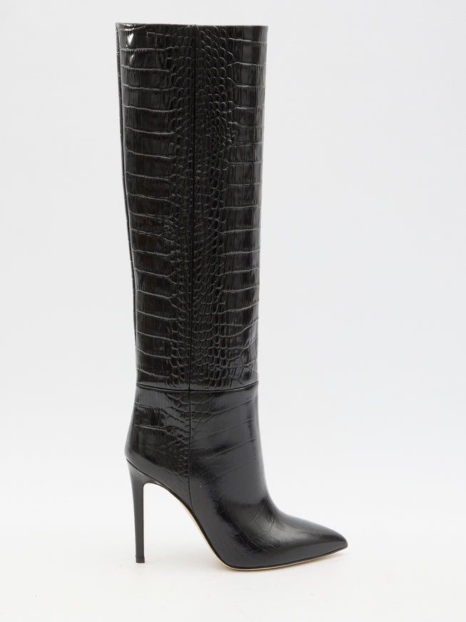 a woman's black boot with a high heel