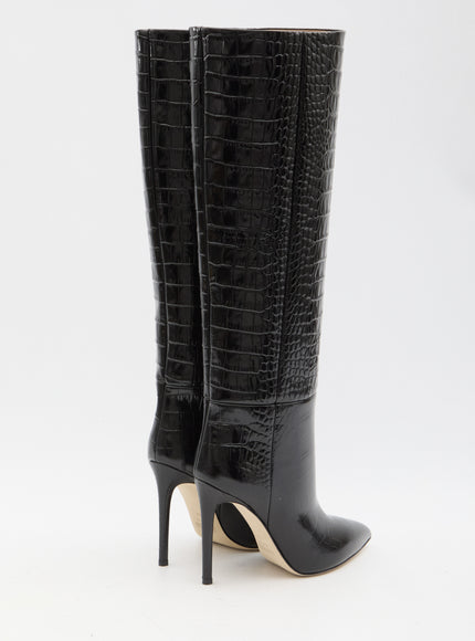 a pair of black high heeled boots with a high heel