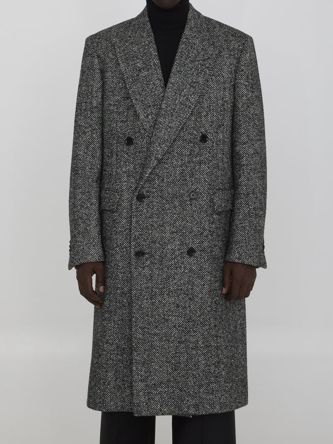 Lardini Herringbone Coat front view, wool alpaca blend