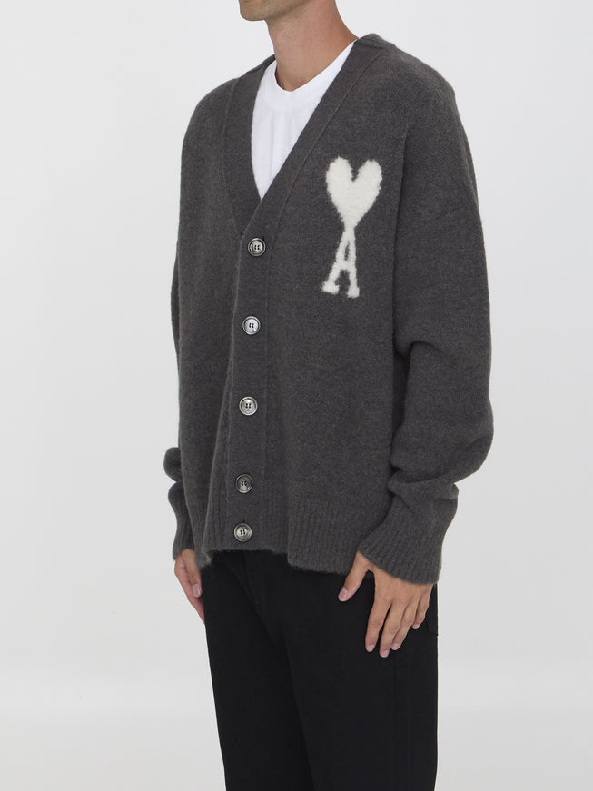 Ami Paris Ami De Coeur Cardigan In Gray Alpaca Blend