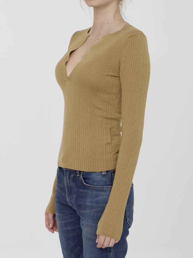 Max Mara Urlo Top side view in camel silk and cashmere