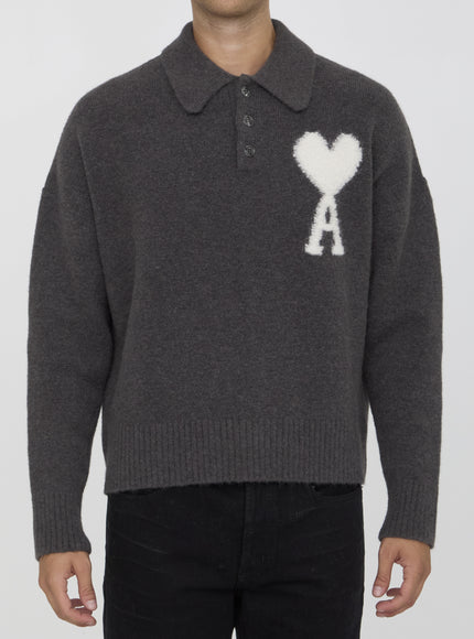 Ami Paris Ami De Coeur Polo Sweater In Gray Fabric Blend