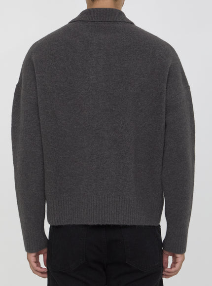 Ami Paris Ami De Coeur Polo Sweater In Gray Fabric Blend