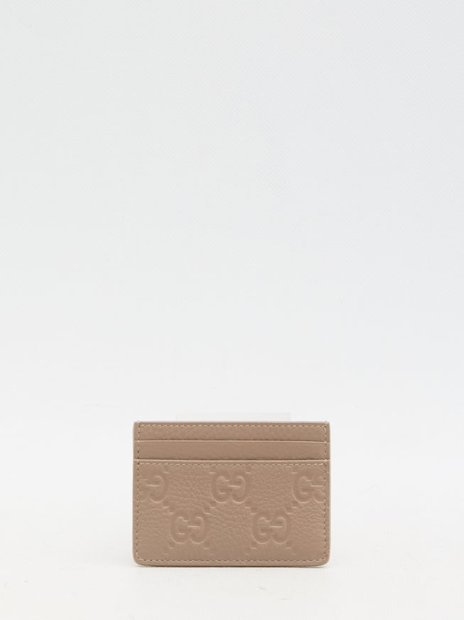 Gucci GG Emblem Card Case In Taupe Leather