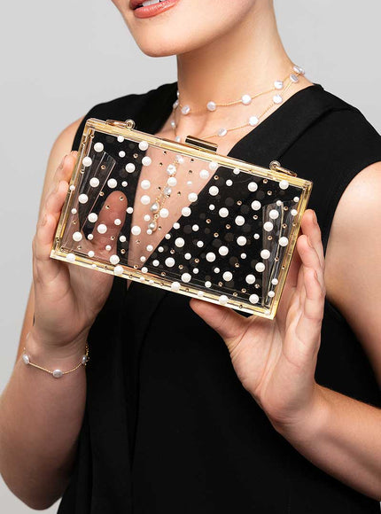 Nina Pearl and Crystal Polka Dot Lucite Clutch