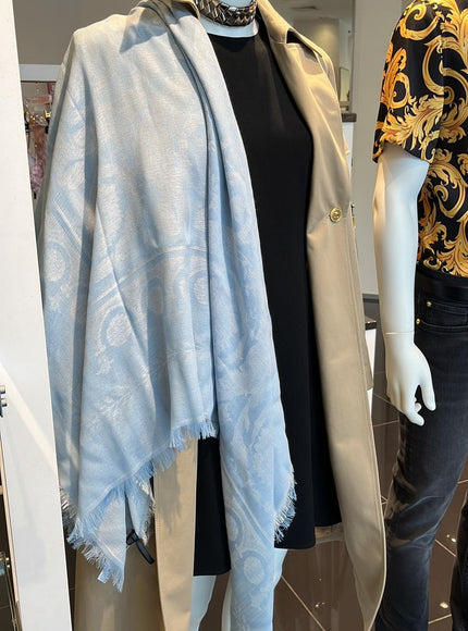 Versace Barocco-Print Frayed-Edge Scarf Light Blue