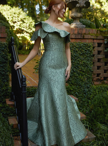 Anne Barge Perry Jacquard One Shoulder Trumpet Gown