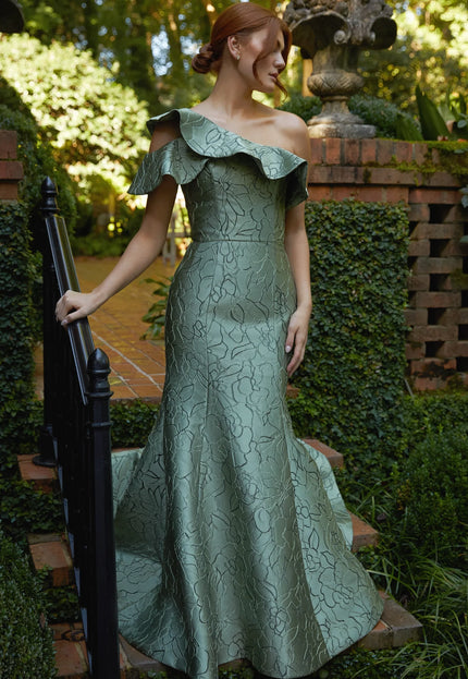 Anne Barge Perry Jacquard One Shoulder Trumpet Gown
