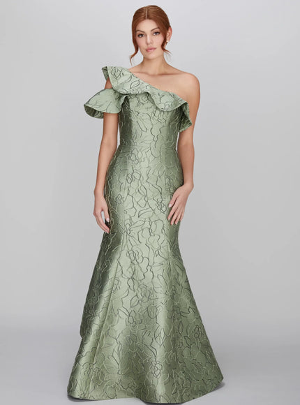 Anne Barge Perry Jacquard One Shoulder Trumpet Gown