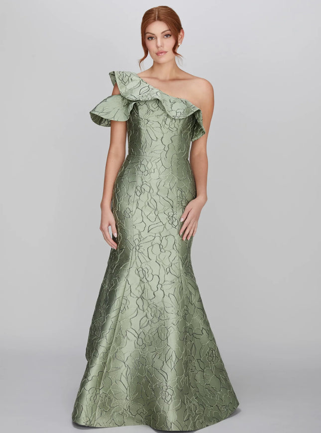 Anne Barge Perry Jacquard One Shoulder Trumpet Gown