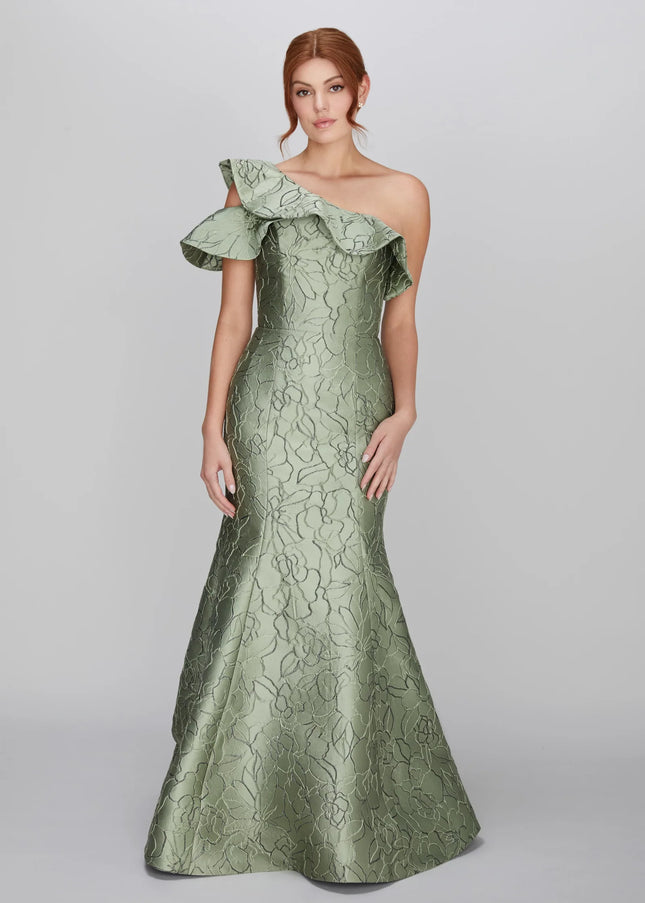 Anne Barge Perry Jacquard One Shoulder Trumpet Gown