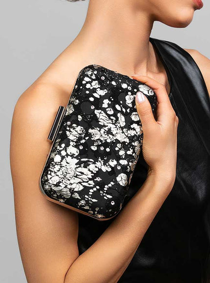 Phoenix Black and Silver Silk Brocade Clutch