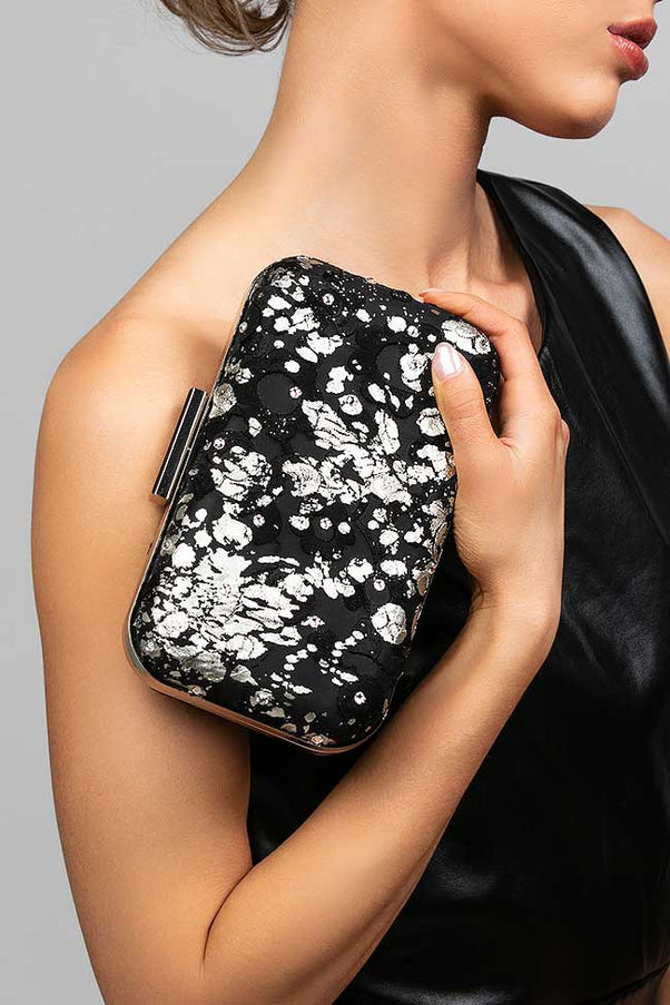 Ariel Taub Phoenix Black and Silver Silk Brocade Clutch