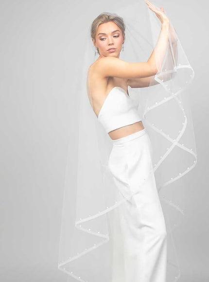 Piper Two-Tier Cathedral Veil with Horsehair and Pearl Studded Trim
