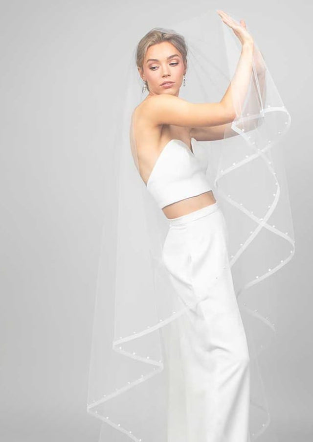 Piper Two-Tier Cathedral Veil with Horsehair and Pearl Studded Trim