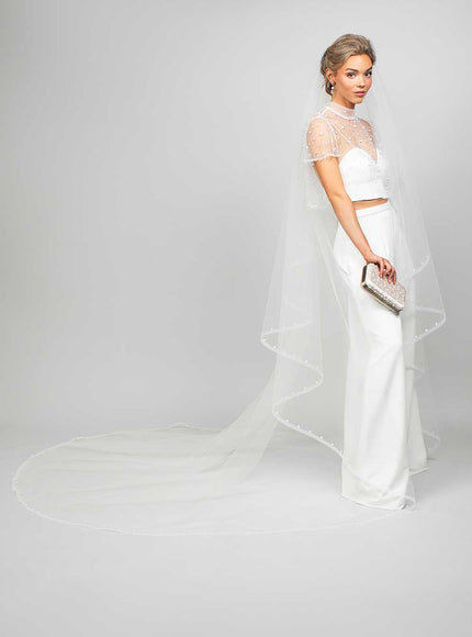 Piper Two-Tier Cathedral Veil with Horsehair and Pearl Studded Trim