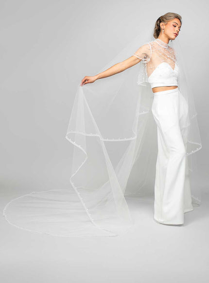 Piper Two-Tier Cathedral Veil with Horsehair and Pearl Studded Trim