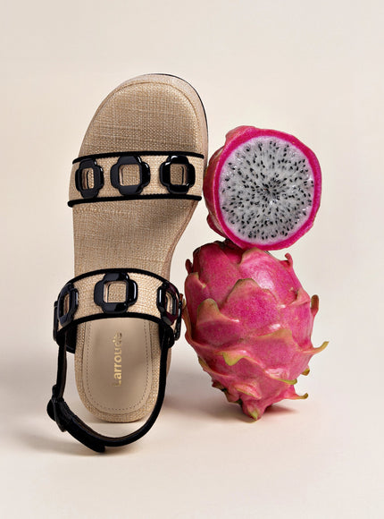 Larroude Milan Flatform In Beige Raffia and Black Trimming