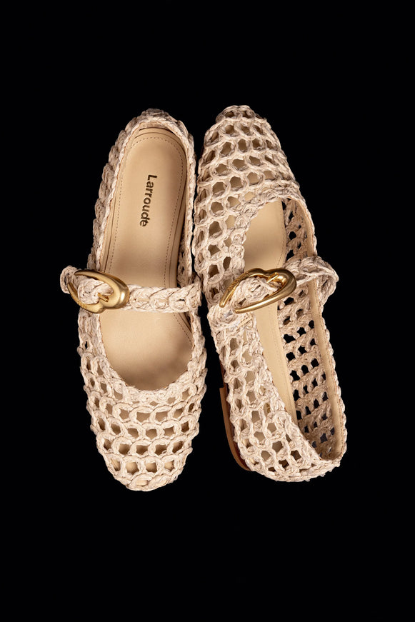 Larroude Verona Macrame In Beige Embroidered Raffia