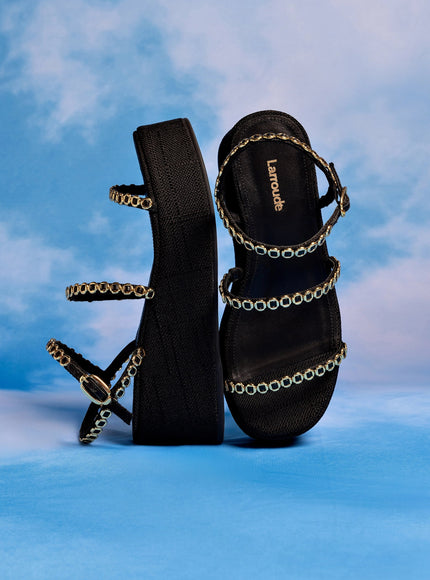 Larroude Gio Milanina Flatform Sandal In Black Raffia