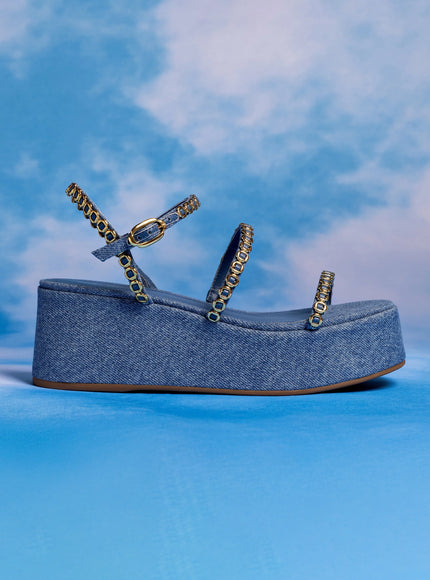 Larroude Gio Milanina Flatform Sandal In Blue Stoned Raffia