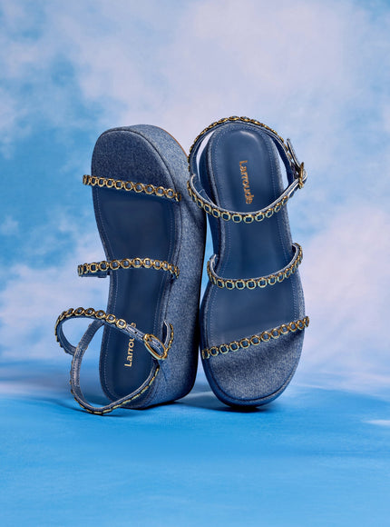 Larroude Gio Milanina Flatform Sandal In Blue Stoned Raffia