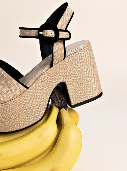 Larroude Miso Sandal In Beige Raffia and Black Trimming