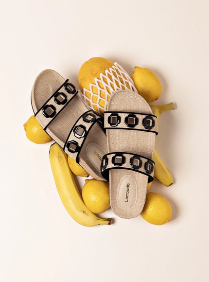 Larroude Milan Slide In Beige Raffia with Black Trim