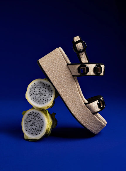 Larroude Milan Flatform In Beige Raffia and Black Trimming