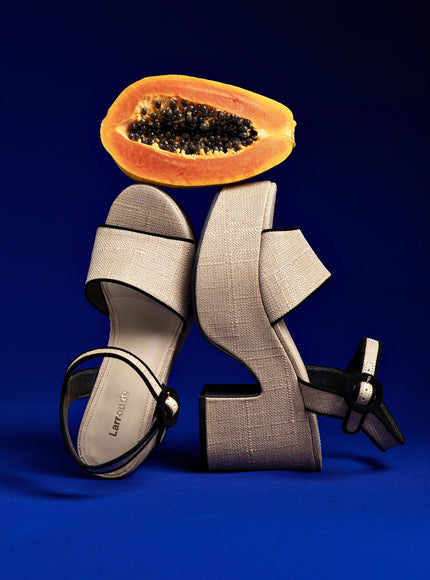 Larroude Miso Sandal In Beige Raffia and Black Trimming