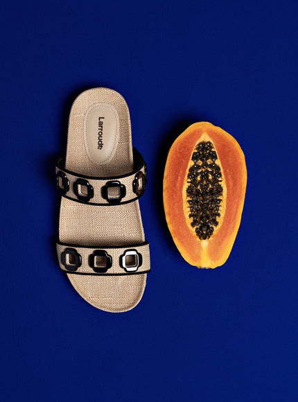 Larroude Milan Slide In Beige Raffia with Black Trim