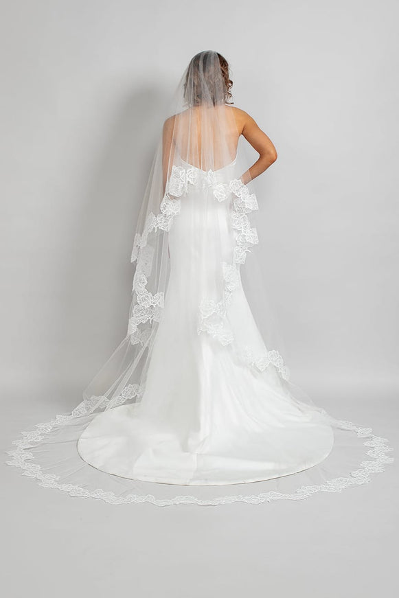 Queenly Two-Tier Cathedral Floral Lace Veil