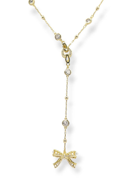 Ryan Crystal and Pearl Bow Charm Lariat Necklace