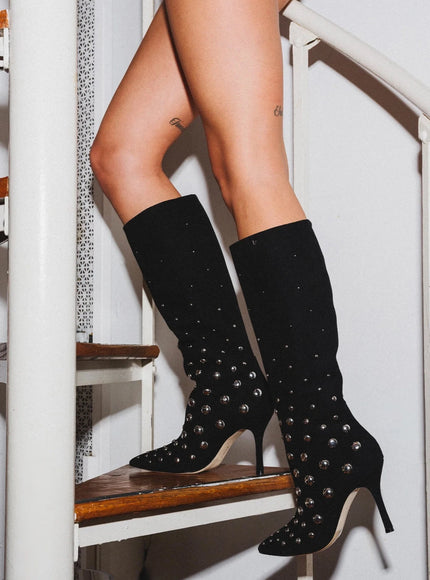 Larroude Kate Studs Boot In Black Suede