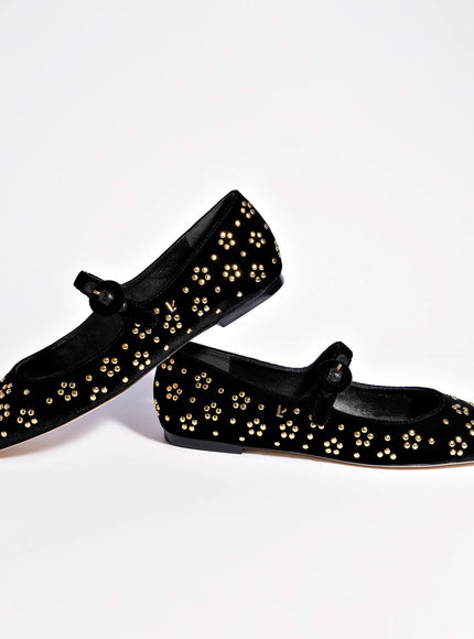 Larroude Blair Ballet Flat In Black Velvet and Gold Studs