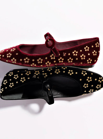 Larroude Blair Ballet Flat In Wine Velvet and Gold Studs