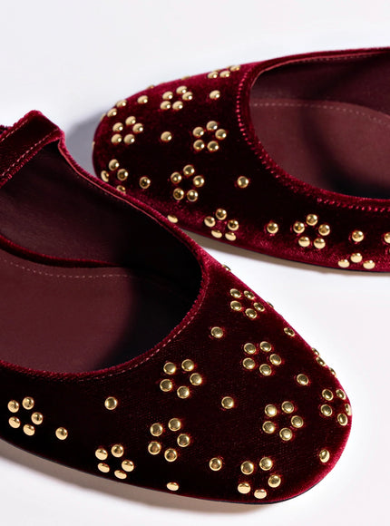 Larroude Blair Ballet Flat In Wine Velvet and Gold Studs