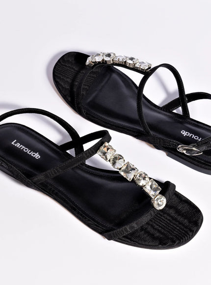 Larroude Calypso Flat Sandal In Black Fabric and Crystals