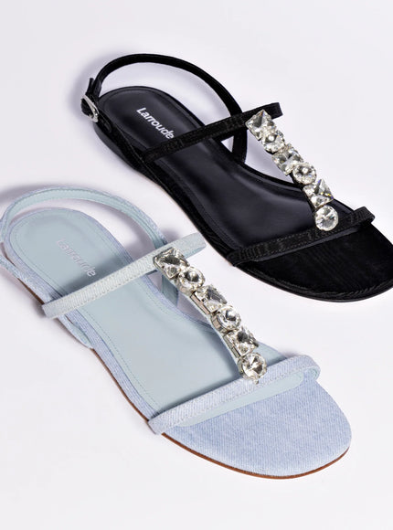 Larroude Calypso Flat Sandal In Black Fabric and Crystals