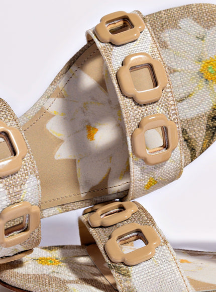 Larroude Milan Flat Sandal In Beige Printed Raffia