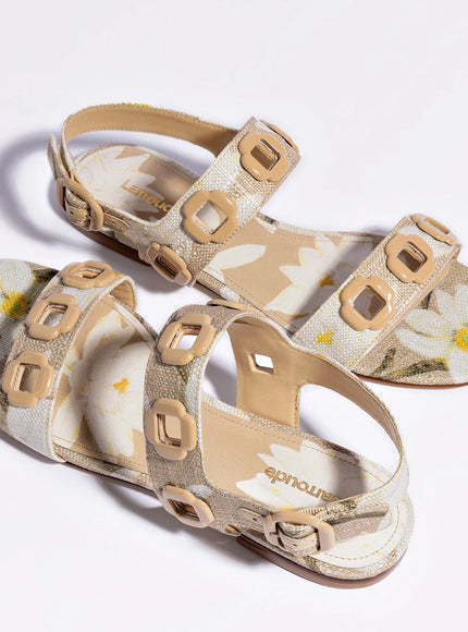 Larroude Milan Flat Sandal In Beige Printed Raffia