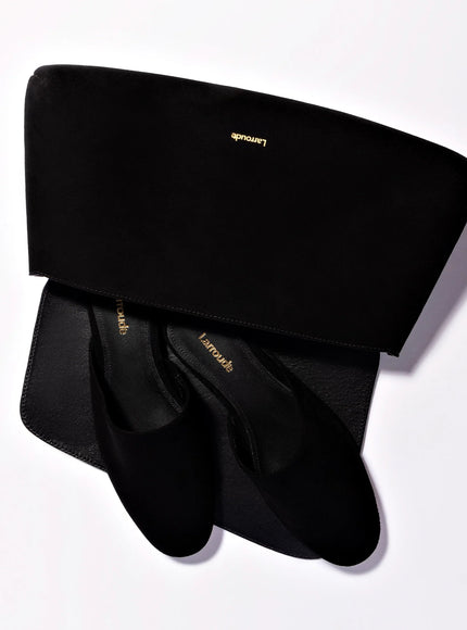 Larroude Venice Flat Mule and Pouch Kit In Black Suede