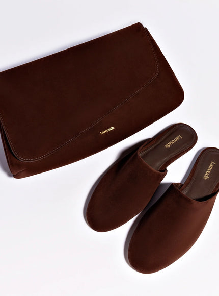 Larroude Venice Flat Mule and Pouch Kit In Brown Suede